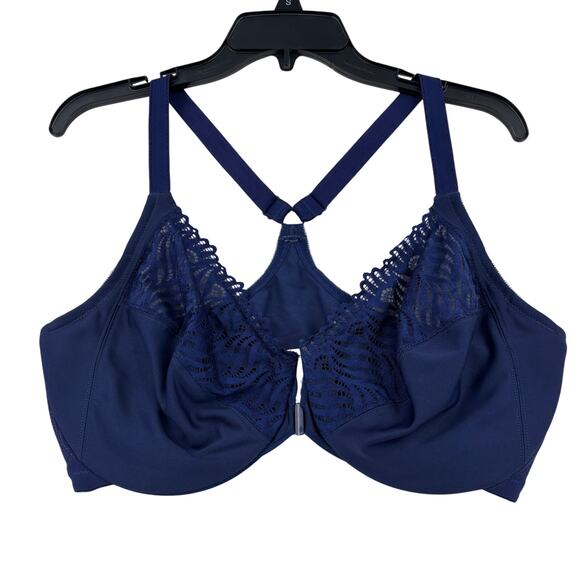 Glamorise Bra Size 38F Navy Blue Wonder Wire Front Close T-Back Lace Underwire - Picture 1 of 7